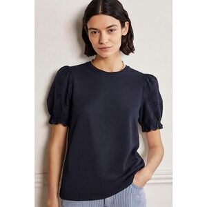 Boden Linen Eyelet Sleeve Broderie Navy Blue Top, 6
